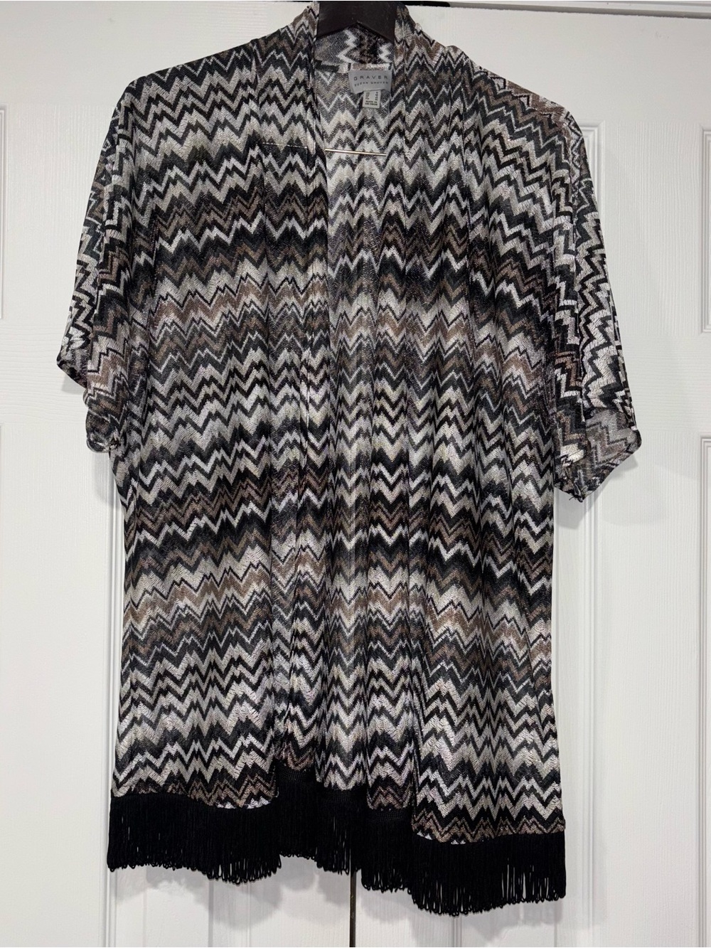 Susan Graver open-front cardigan black white brown chevron zig zag print tassel